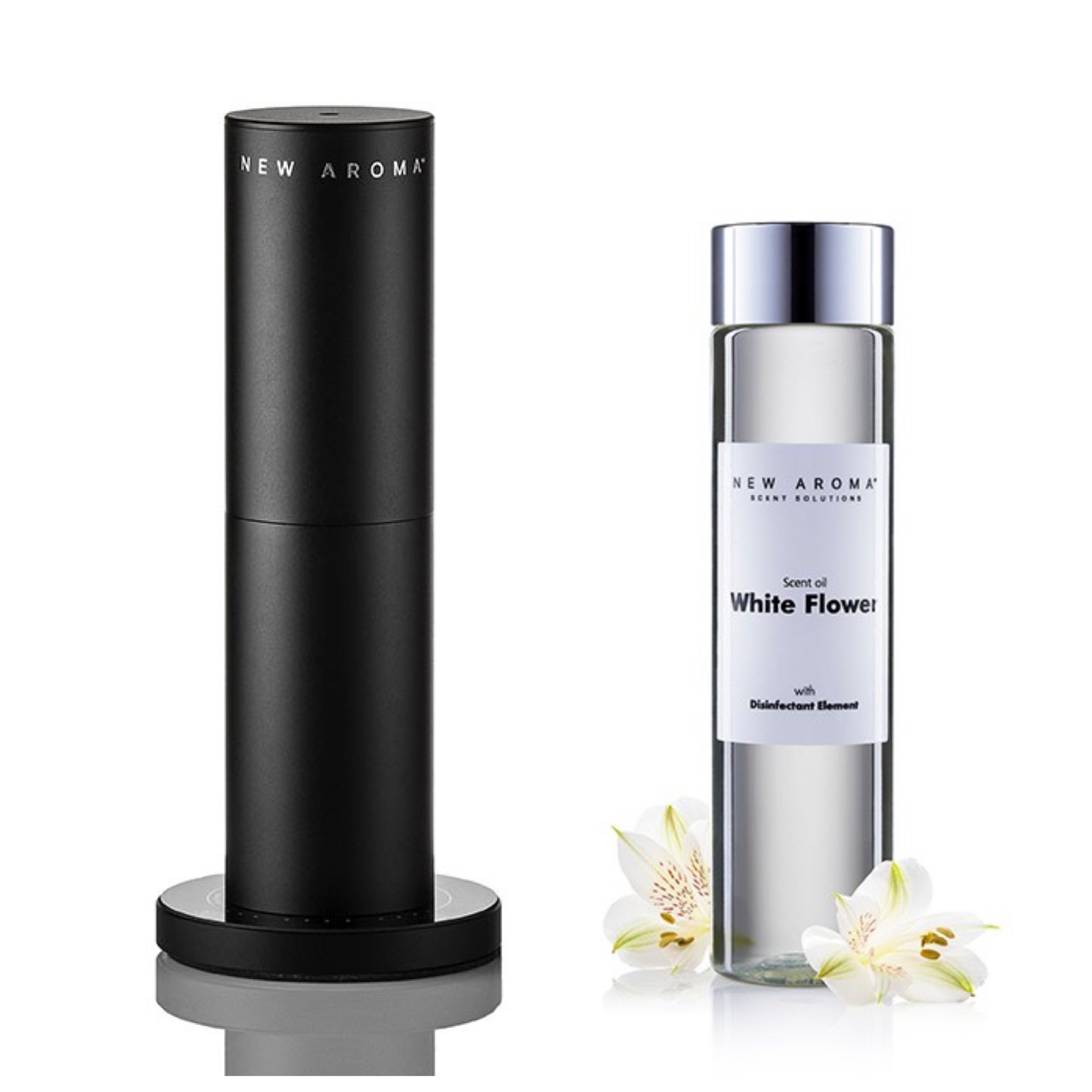 New Aroma difuzér Tower black + 200 ml White Flower – dezinfekčný aroma olej